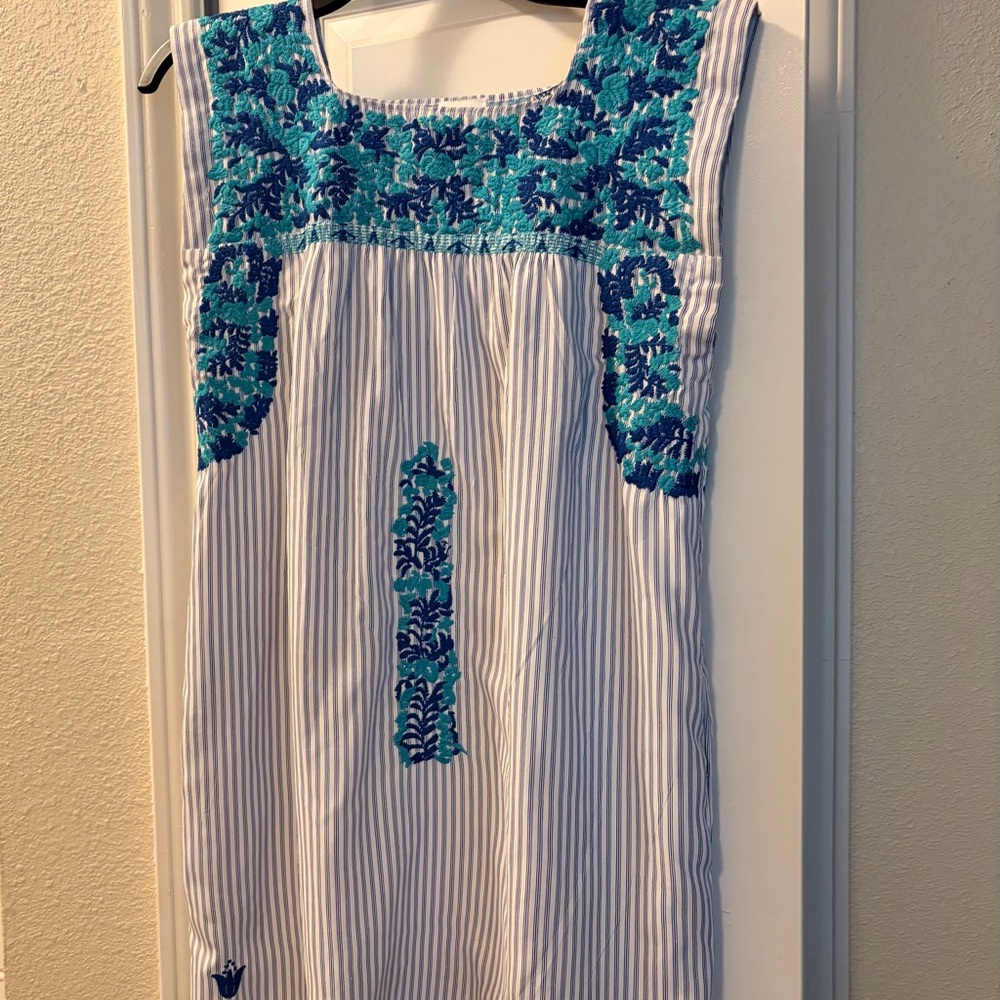 J. Marie Sleeveless Cotton Blue Stripe Mini Dress with Teal Floral Embroidery